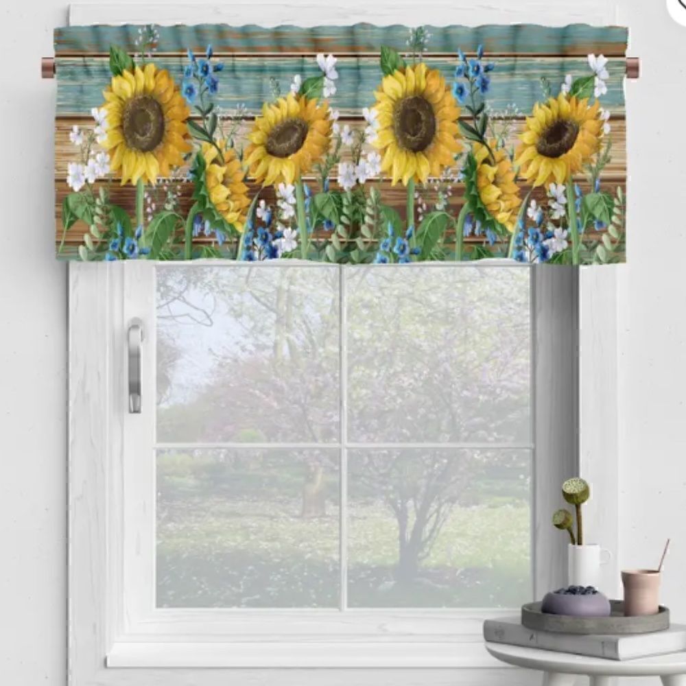 NEW! Country Farmhouse Sunflower Wood Grain Look Window Valance Floral Boho